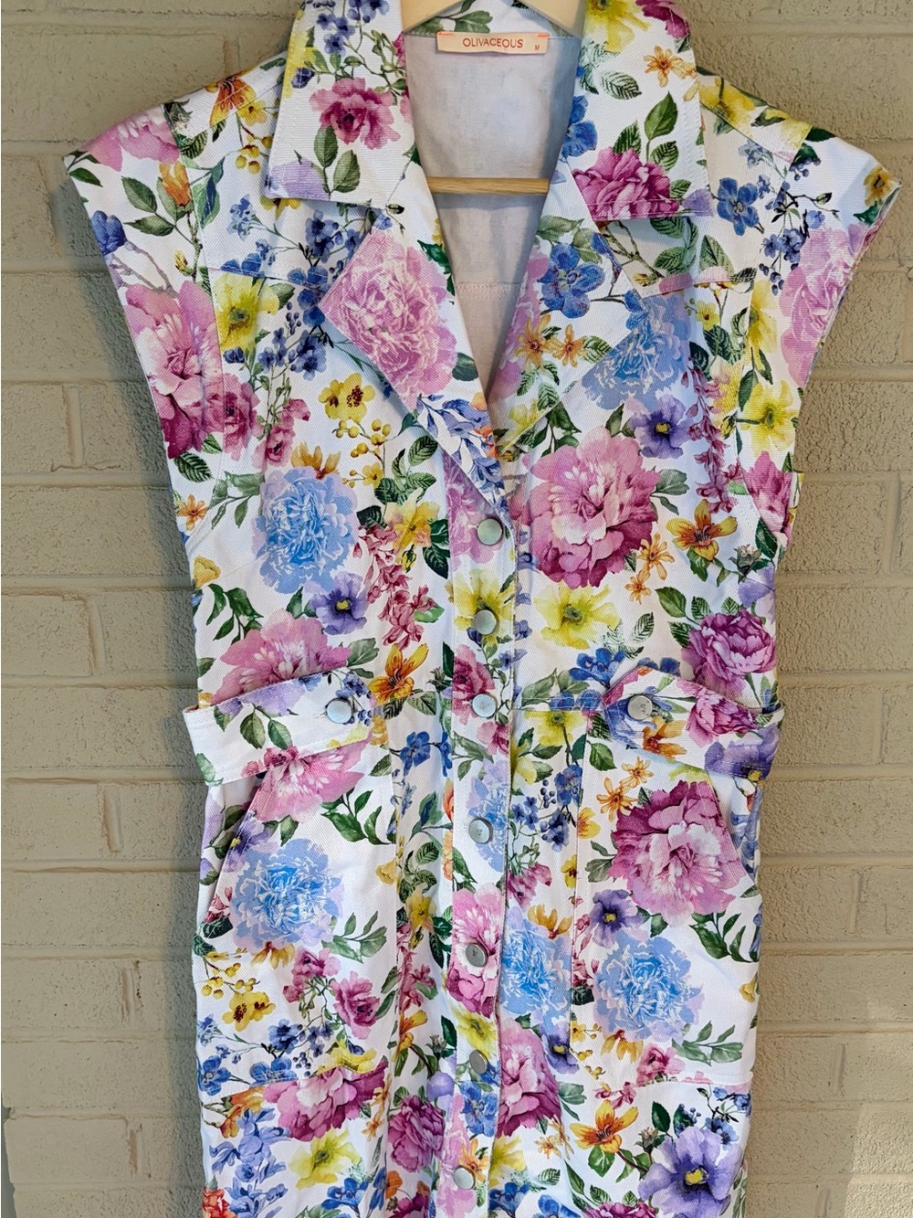 Olivaceous Floral Sleeveless Utility Denim Mini Dress